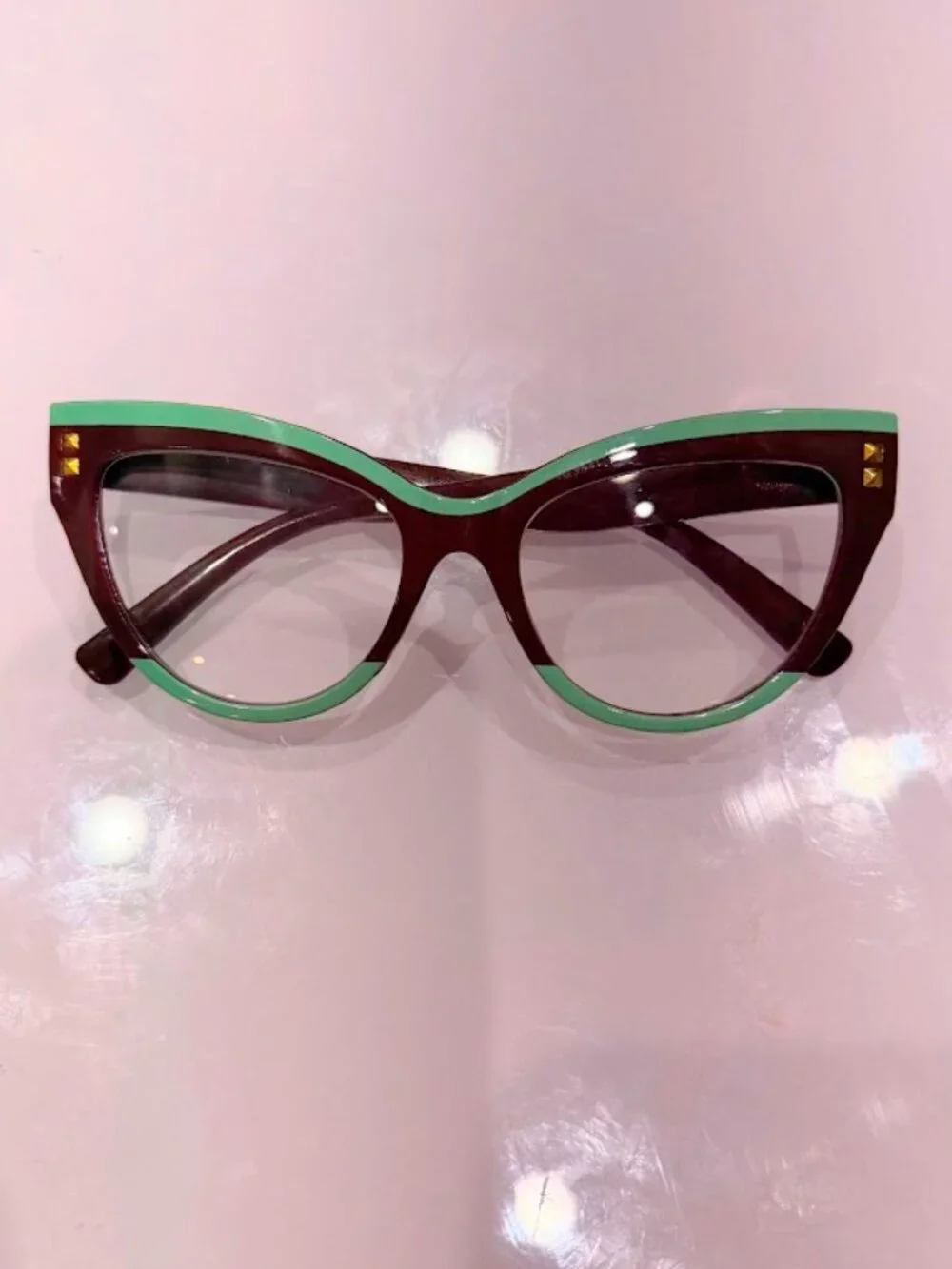 Brown & Green Cat Eye Glasses with Gold Stud Accents +1.5